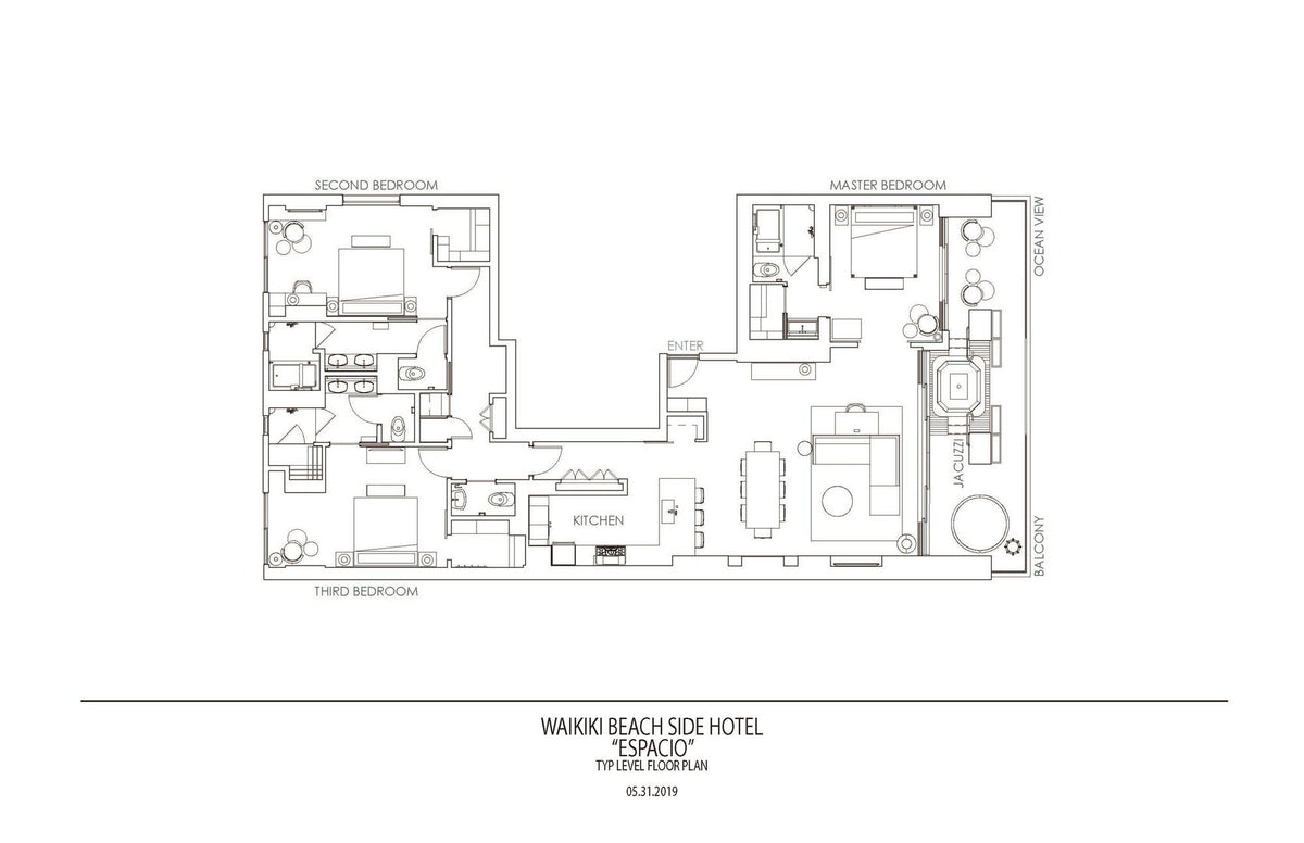 【GuestRoom】3ベッドRoom【プレミアムビュー・ラグジュアリー・スイート(9・11F)】 【ラグジュアリー・スイート・3ベッドルーム(5・6・8F)】 209㎡(バルコニー含) 各部屋にはインサイドから鍵がついていてプライベート空間が確保される