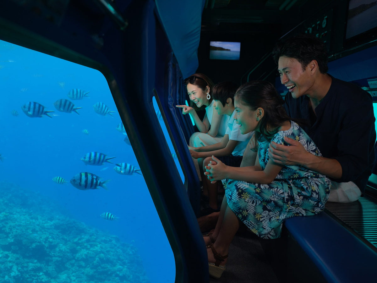 水着を着なくても海を楽しめる半潜水艦。お子様たちも海の中のお魚に夢中。