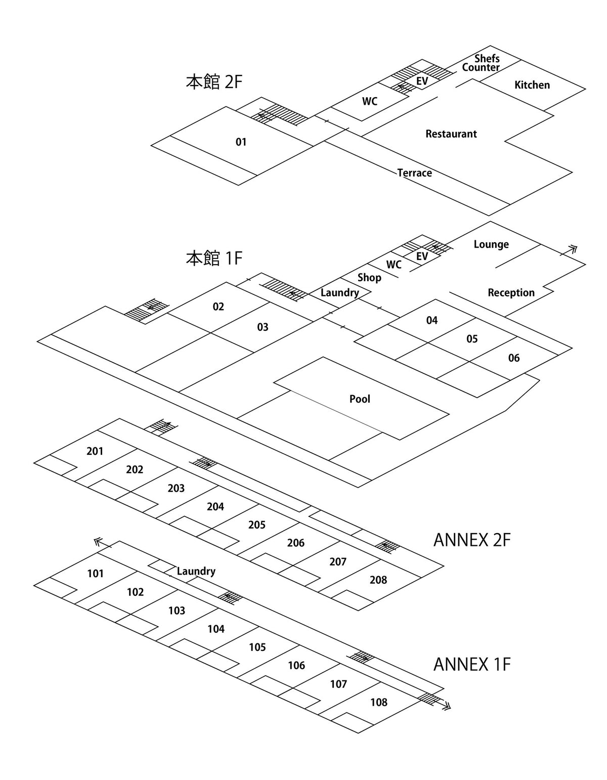 【ホテル館内MAP】客室は22室だけのプライベートスモールラグジュアリー 館内にレストラン・プール・ランドリー・ブティックを揃え 導線がまとまっているのも嬉しい