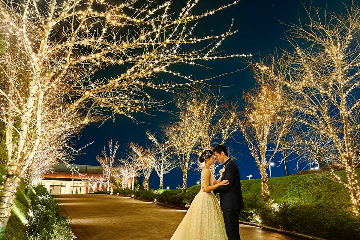 夜には並木道が、ロマンティックなフォトが残せる人気の前撮りスポットに!