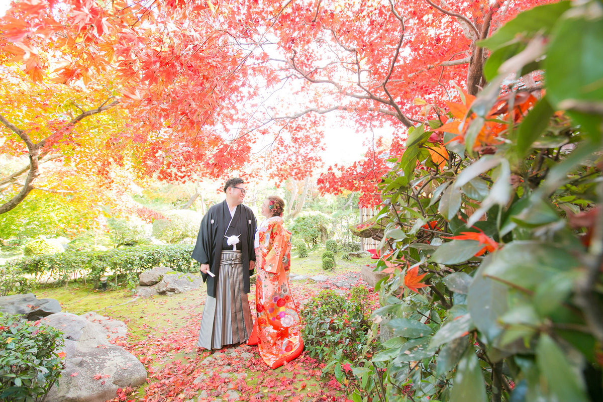 一面が紅葉に染まり壮麗な風景に。非公開庭園なので庭園散策はもちろん、お写真もたくさん残して頂けます。